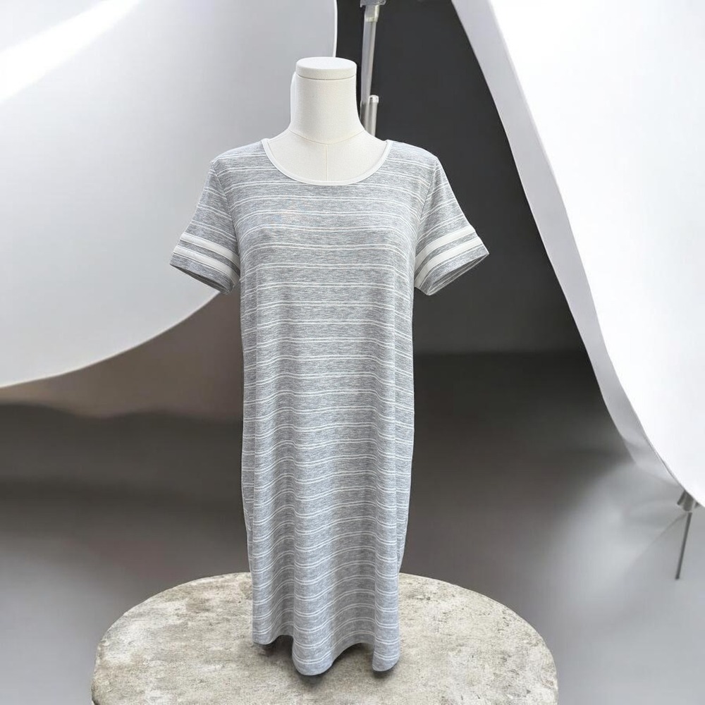 Pink Rose Gray Striped T Shirt Dress Womens Large Casual Soft Stretchy Comfy NWT